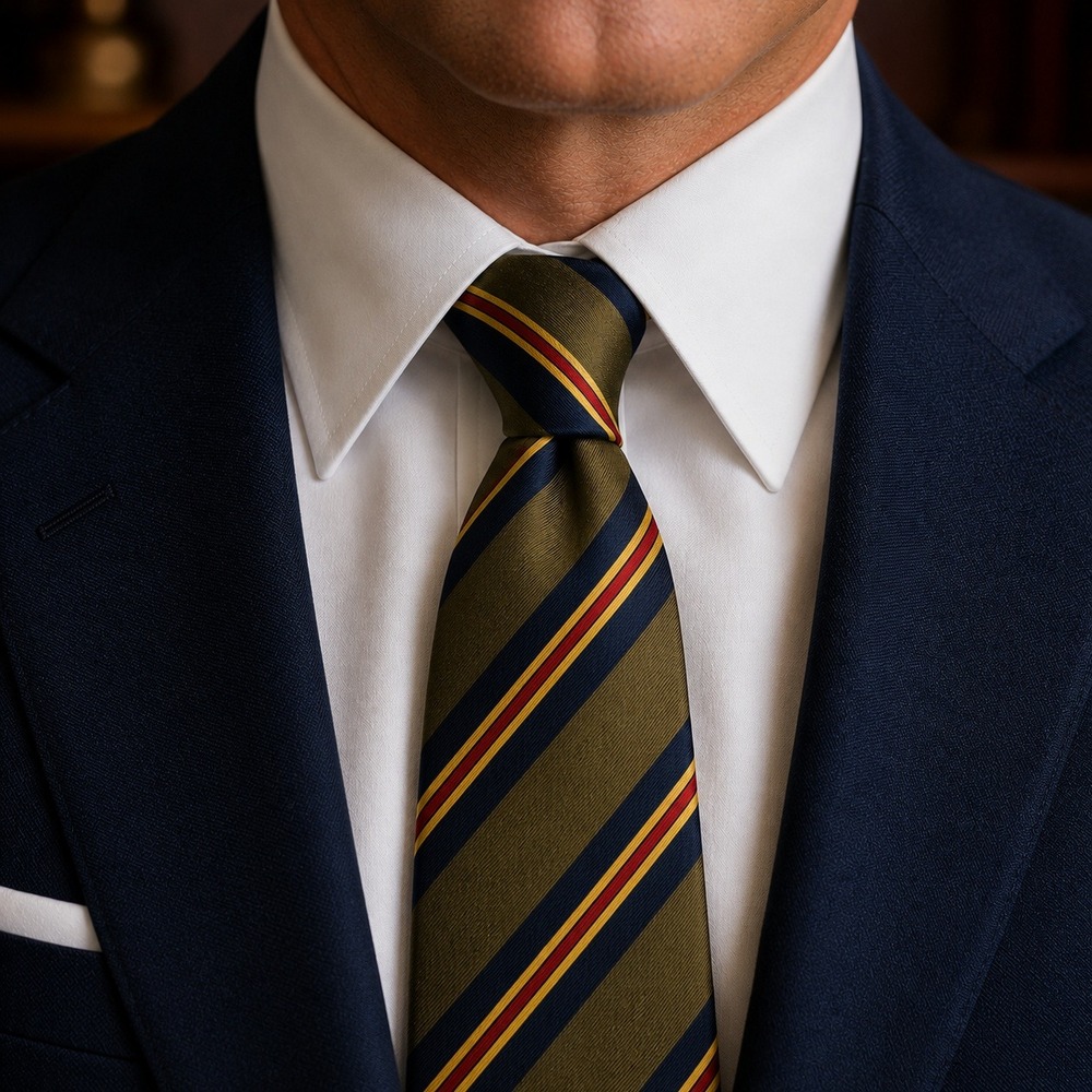 Vintage 1990s J McLaughlin Olive Navy Regimental Stripe Silk Tie USA Wide 3.75"